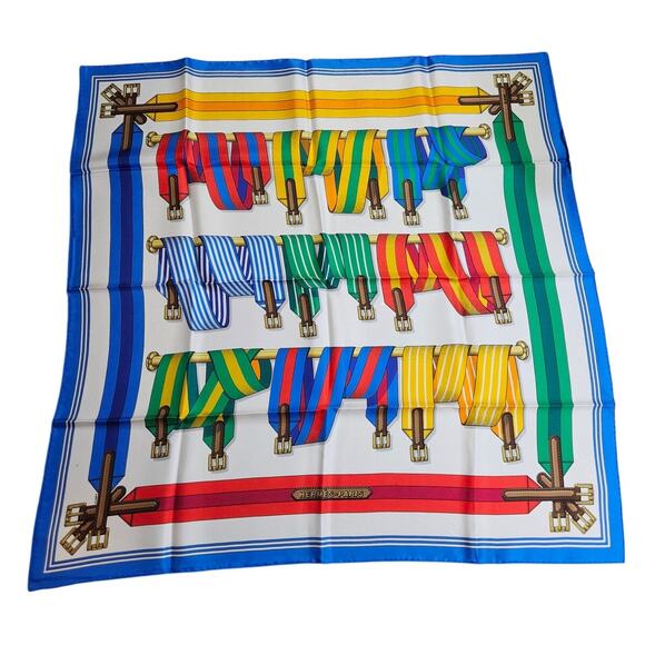 Hermès 1990s Les Sangles J.Metz Silk Scarf Equestrian France 35 in Carre 90 - Picture 1 of 10